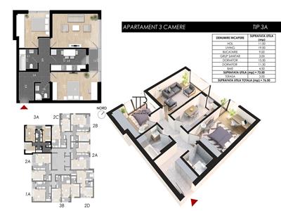 Apartament 3 camere Incalzire in Pardoseala Com. 0%  Ansamblu Rahova