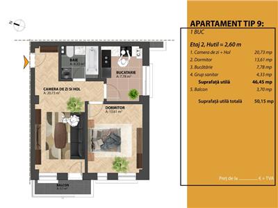 Apartament  2 camere  , 50 metri, etaj 2 Cod:149404
